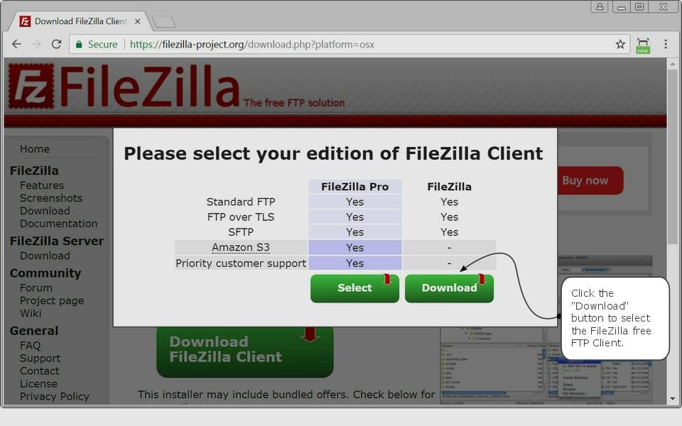 The FileZilla installer for Mac OS.