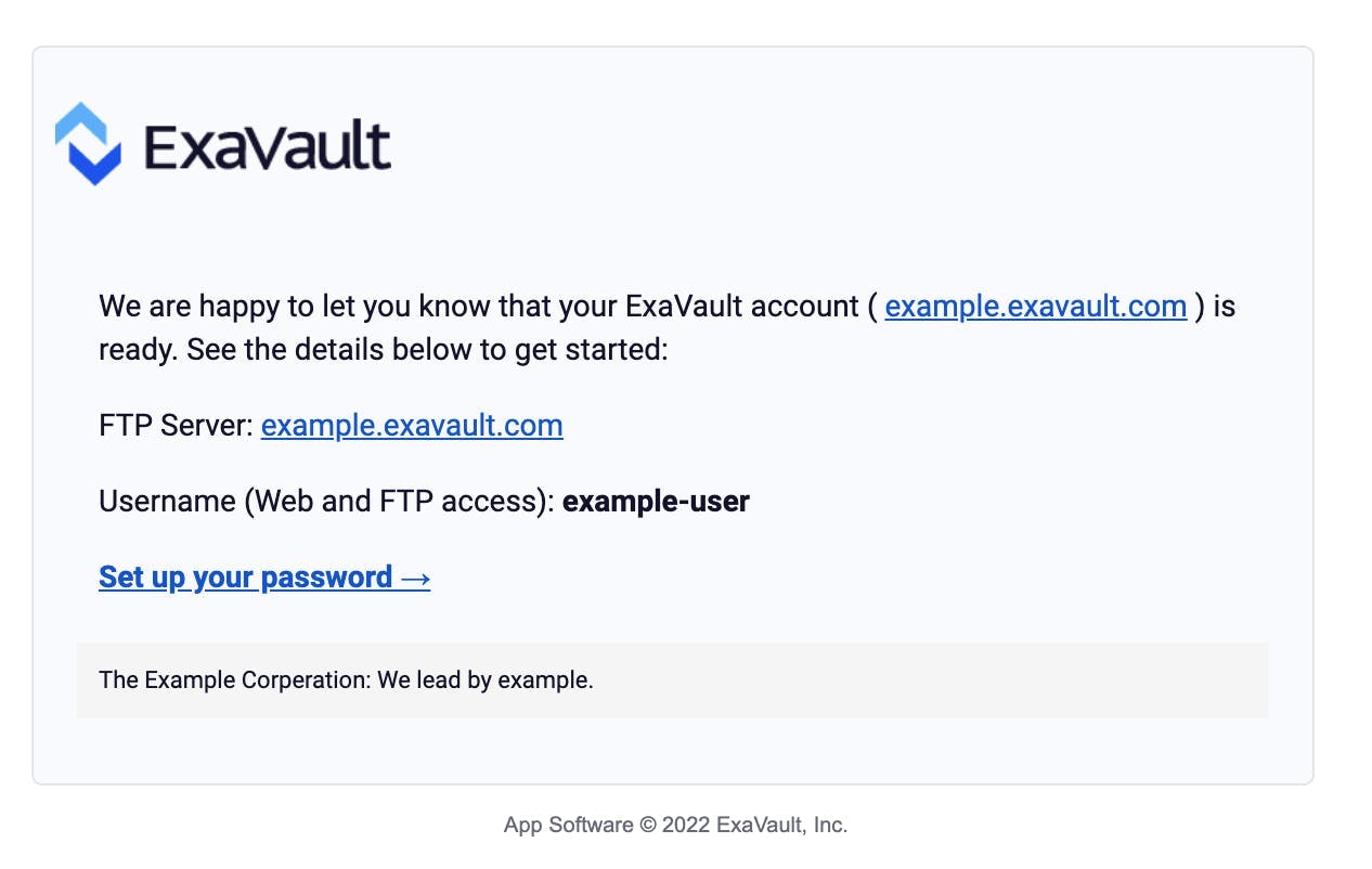 Customized welcome to ExaVault email.