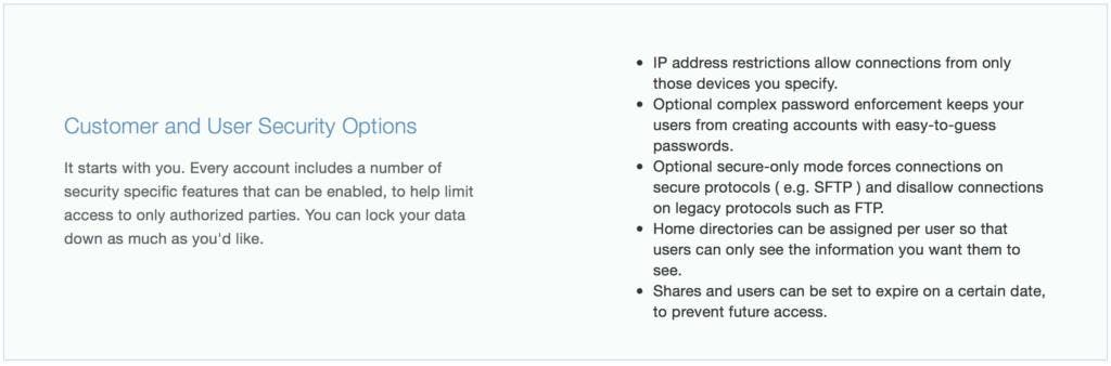 Customer and user security options for file transfer.