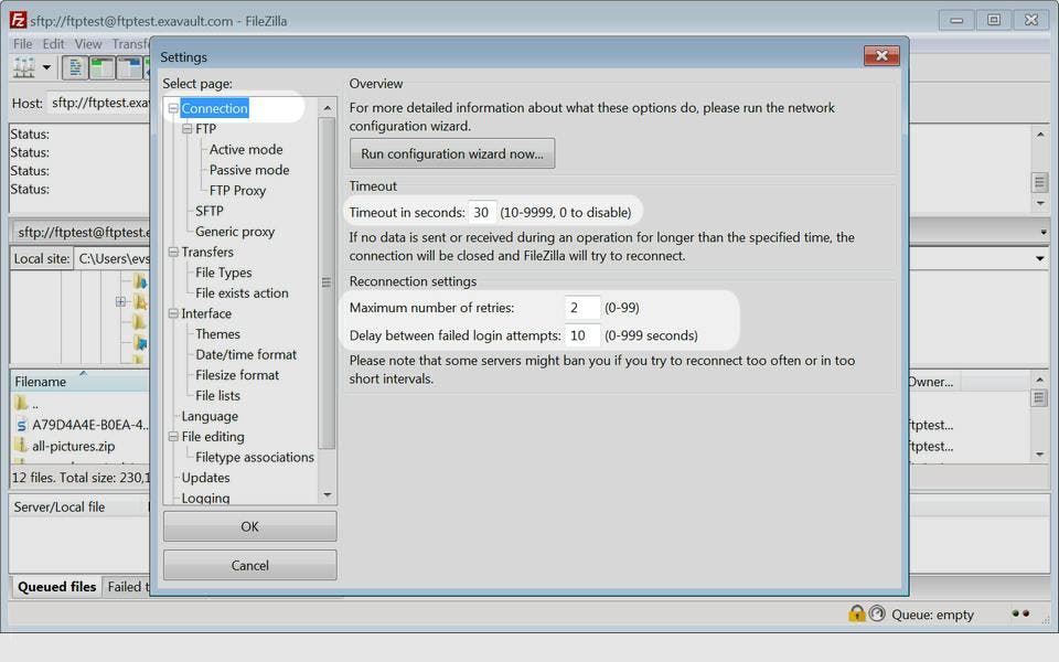 Optimizing the Connections page settings in FileZilla.