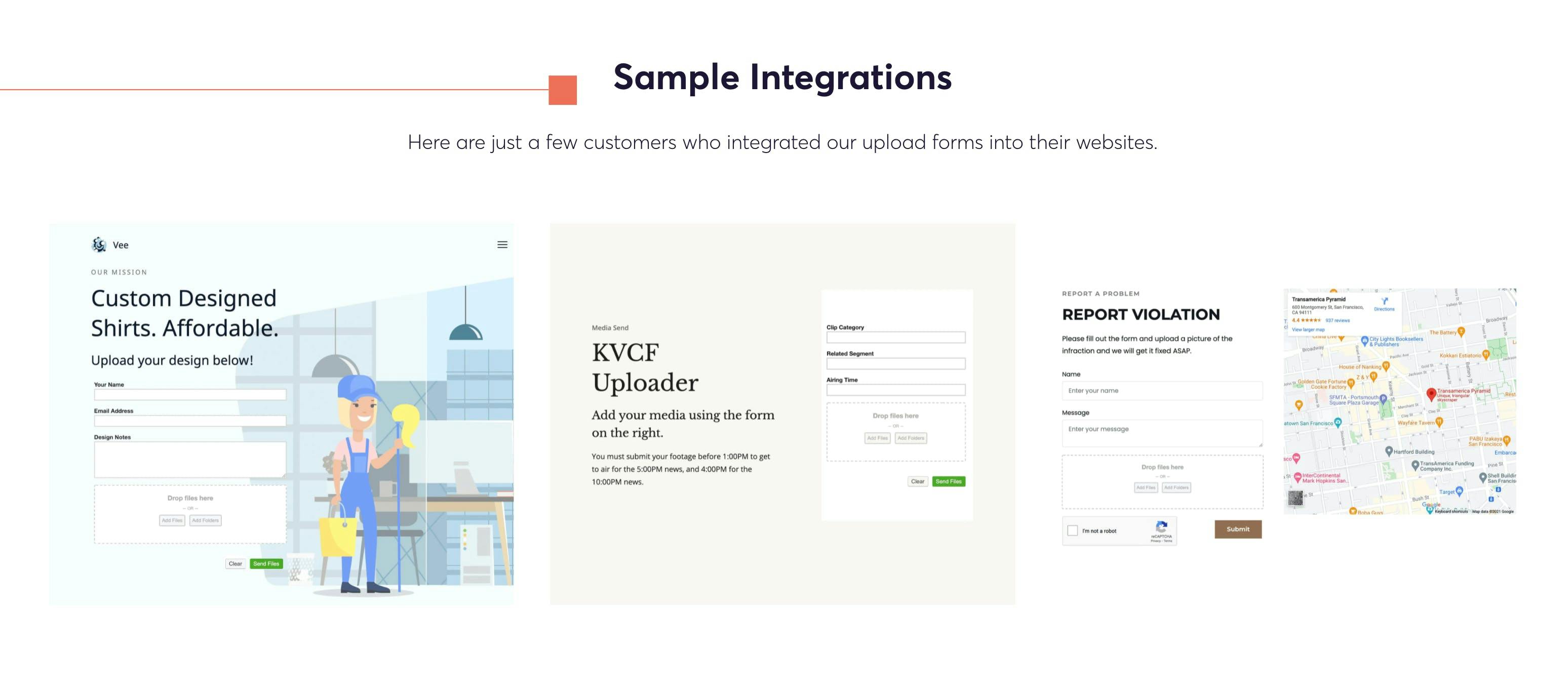 Sample integrations showing a few customers who integrated our upload forms into their websites.