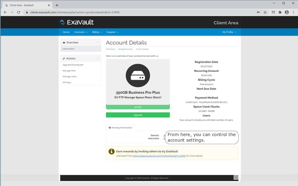 The Accounts Overview page in the ExaVault Client Area