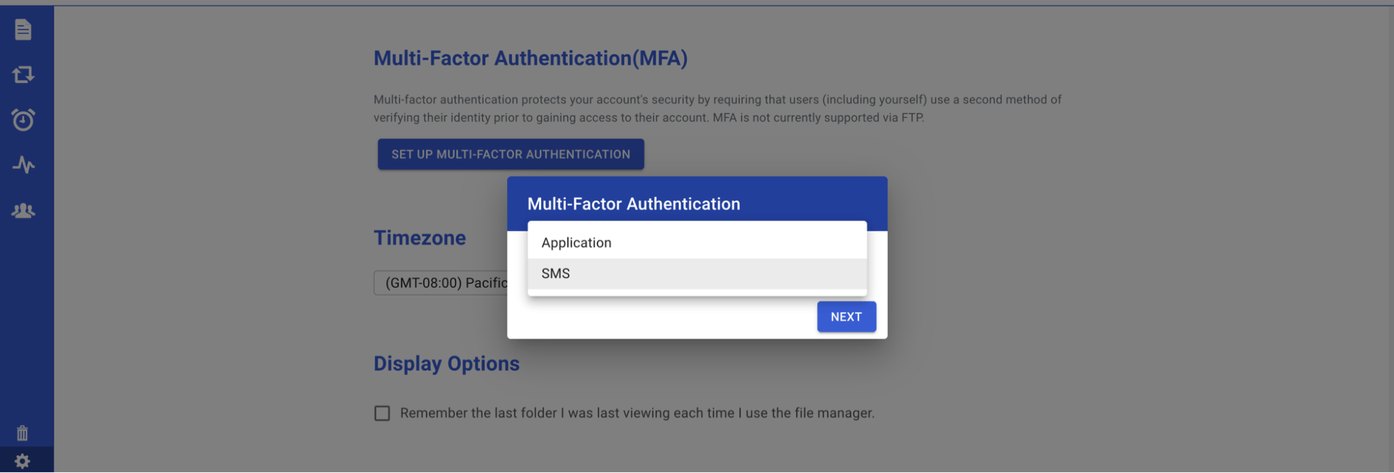 SMS option for multi-factor authentication.