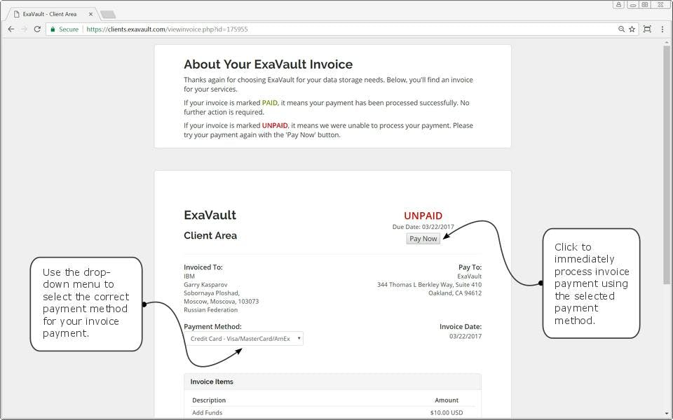 Invoices page in the ExaVault Client Area.