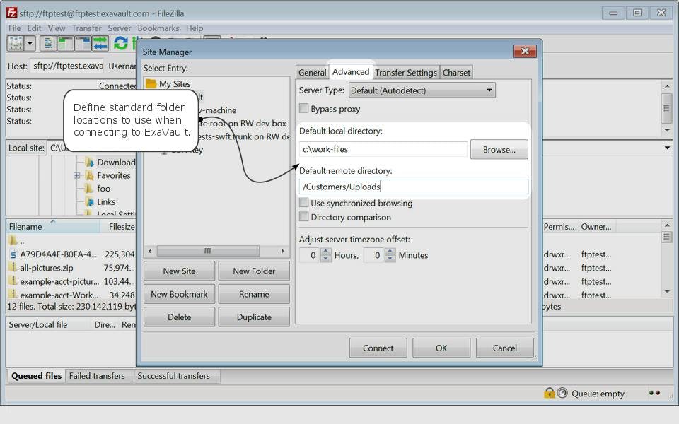 Setting a default local and site directory for a site manager connection in FileZilla.