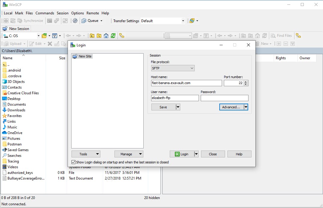 WinSCP login screen with connection info