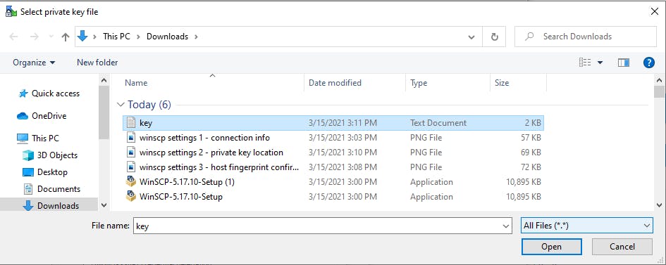 Selecting the private key file in WinSCP