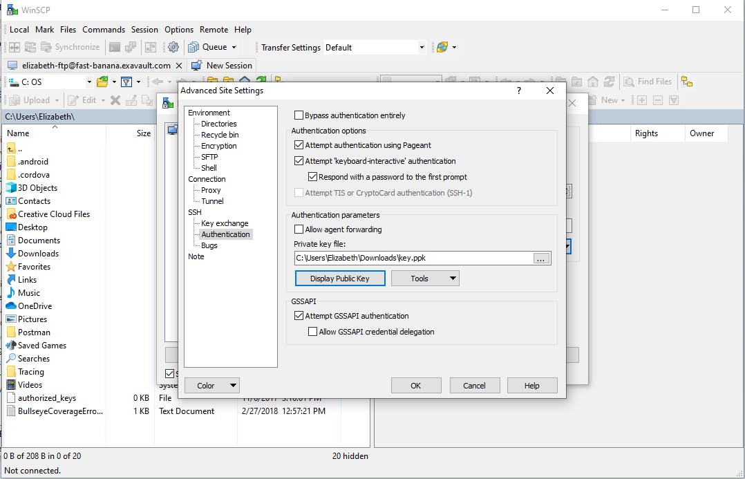 WinSCP advanced site settings showing the private key file field