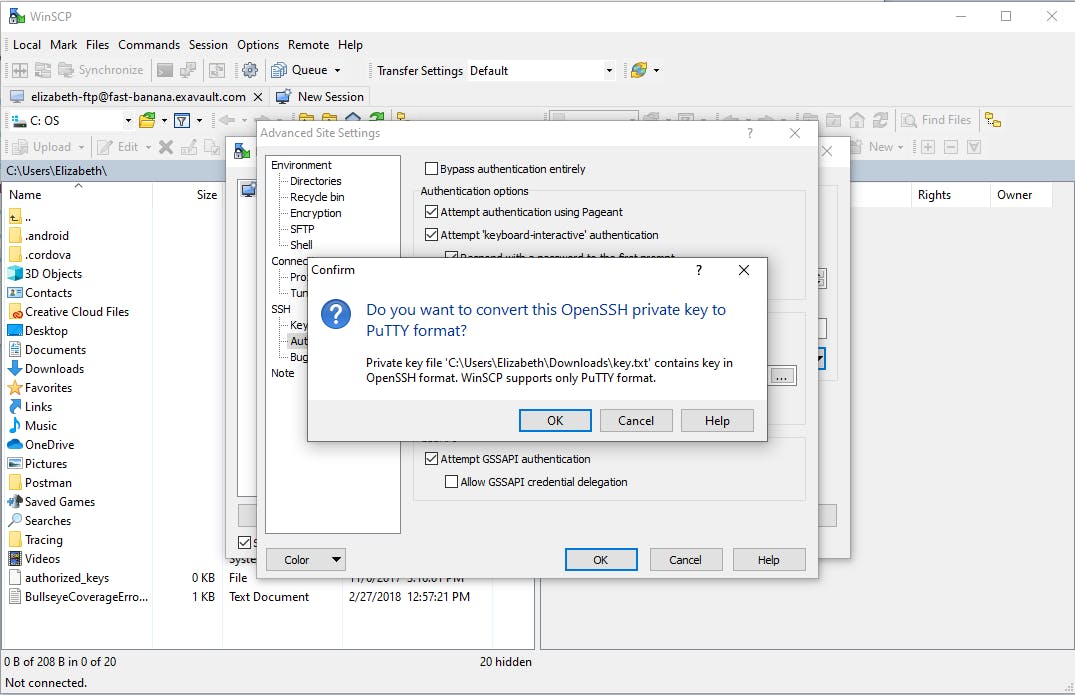 Converting the SSH key to PuTTY format in WinSCP