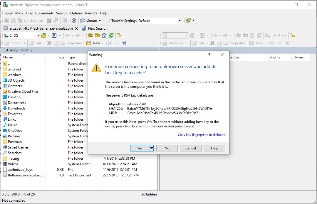WinSCP host key fingerprint confirmation prompt